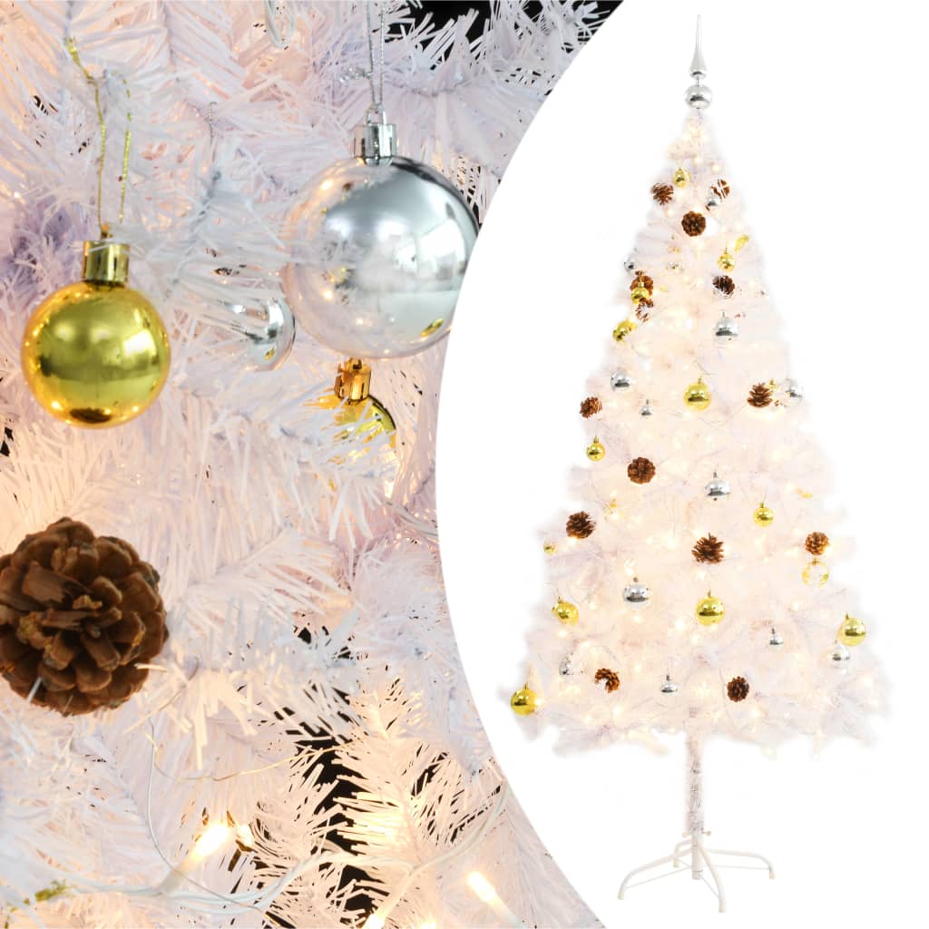 A 6ft white pre-lit artificial Christmas tree decorated with gold and silver baubles and pine cones.