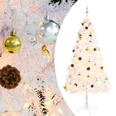 A 6ft white pre-lit artificial Christmas tree decorated with gold and silver baubles and pine cones.