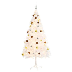 A 6ft white pre-lit artificial Christmas tree decorated with gold and silver baubles and pine cones.