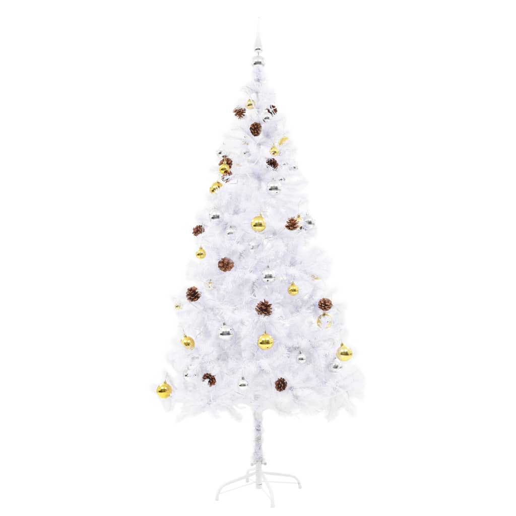 A 6ft white pre-lit artificial Christmas tree decorated with gold and silver baubles and pine cones.