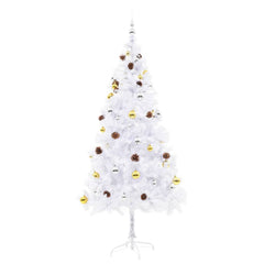 A 6ft white pre-lit artificial Christmas tree decorated with gold and silver baubles and pine cones.