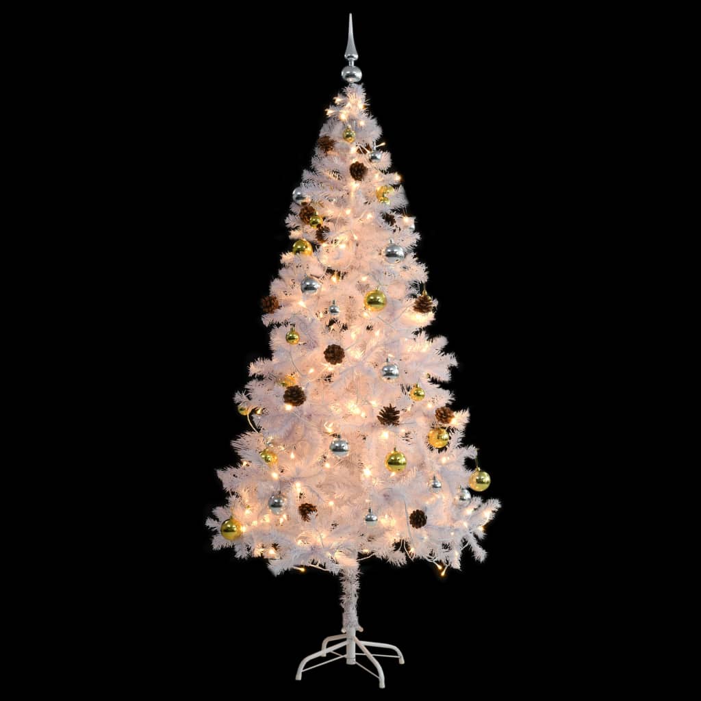 A 6ft white pre-lit artificial Christmas tree decorated with gold and silver baubles and pine cones.