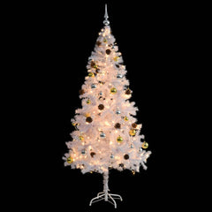 A 6ft white pre-lit artificial Christmas tree decorated with gold and silver baubles and pine cones.