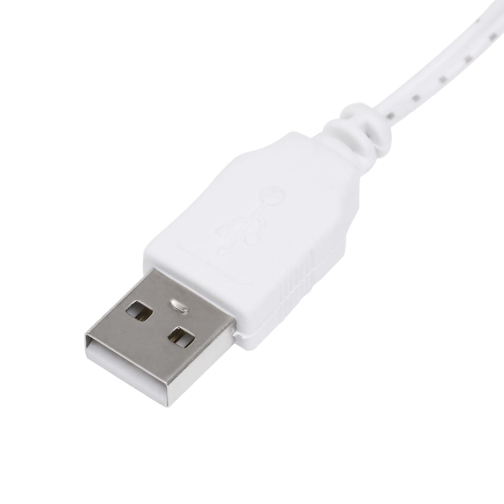 A close-up of a white USB cable connector with braided cord.