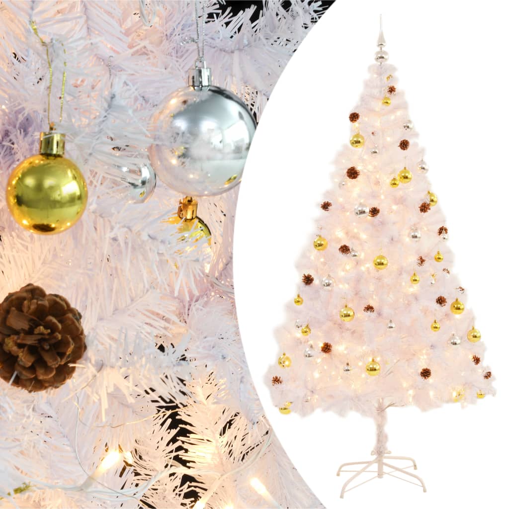 A 7ft white pre-lit artificial Christmas tree with gold and silver baubles and LED lights.