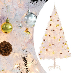 A 7ft white pre-lit artificial Christmas tree with gold and silver baubles and LED lights.