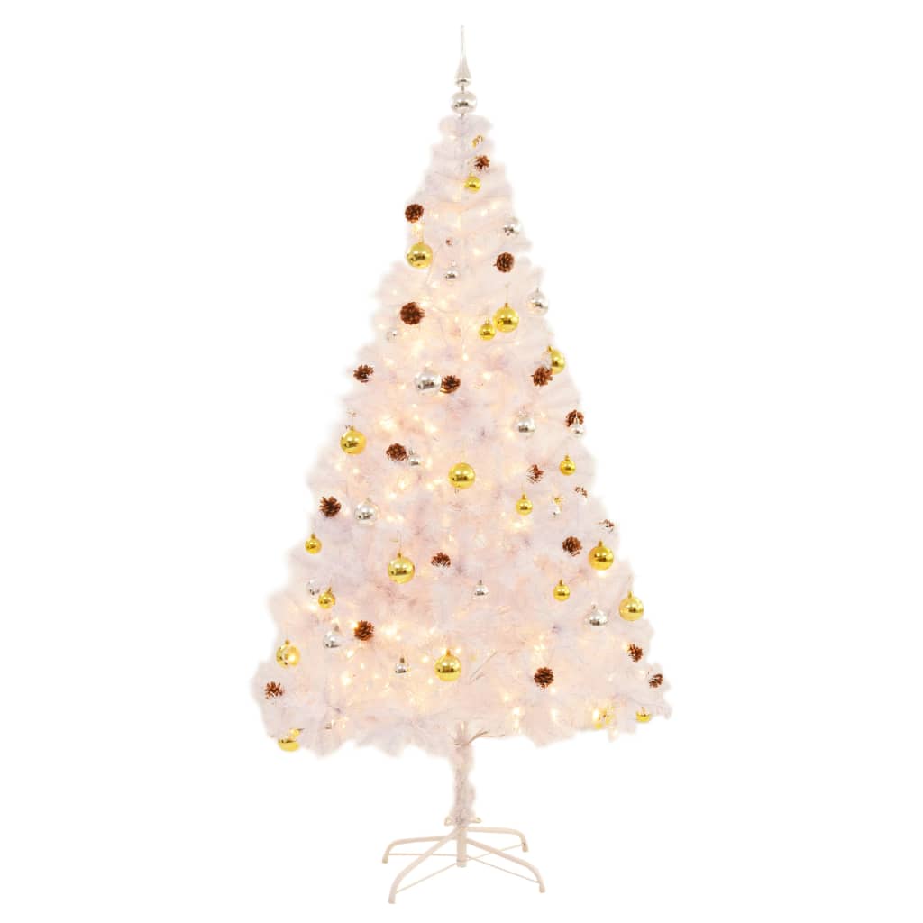 A 7ft white artificial Christmas tree pre-lit with LEDs and decorated with gold and silver baubles.