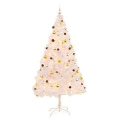 A 7ft white artificial Christmas tree pre-lit with LEDs and decorated with gold and silver baubles.
