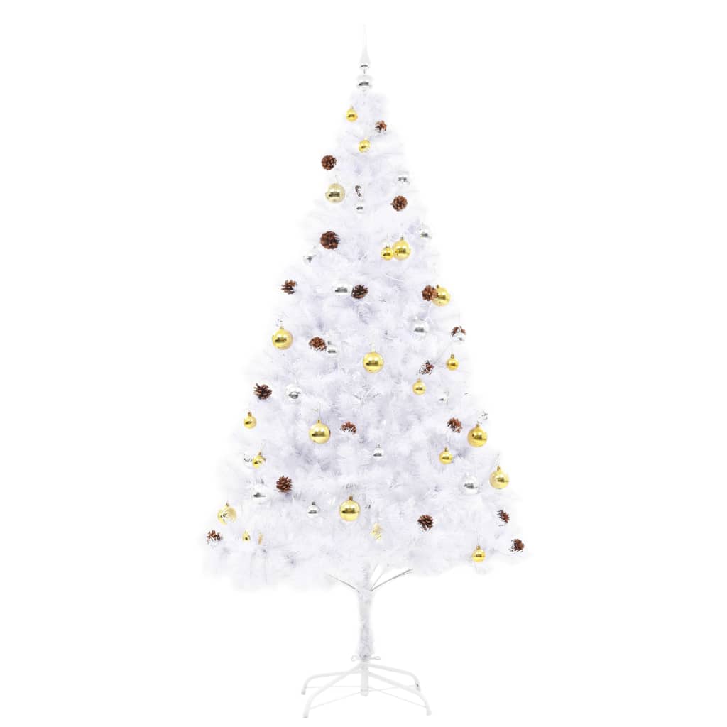 A 7ft white pre-lit artificial Christmas tree with gold and silver baubles and LED lights.