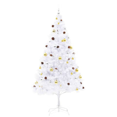 A 7ft white pre-lit artificial Christmas tree with gold and silver baubles and LED lights.