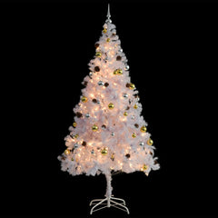 A 7ft white artificial Christmas tree pre-lit with LEDs and decorated with gold and silver baubles.