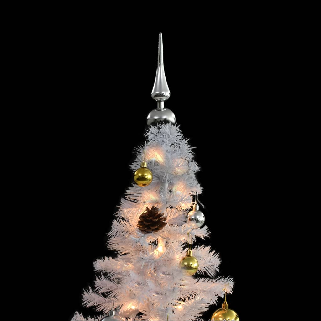 A 7ft white pre-lit artificial Christmas tree with gold and silver baubles and LED lights.