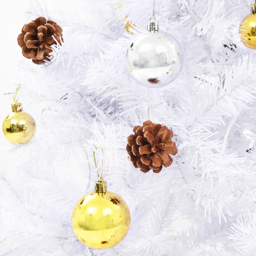 A 7ft white pre-lit artificial Christmas tree decorated with gold and silver baubles and pine cones.