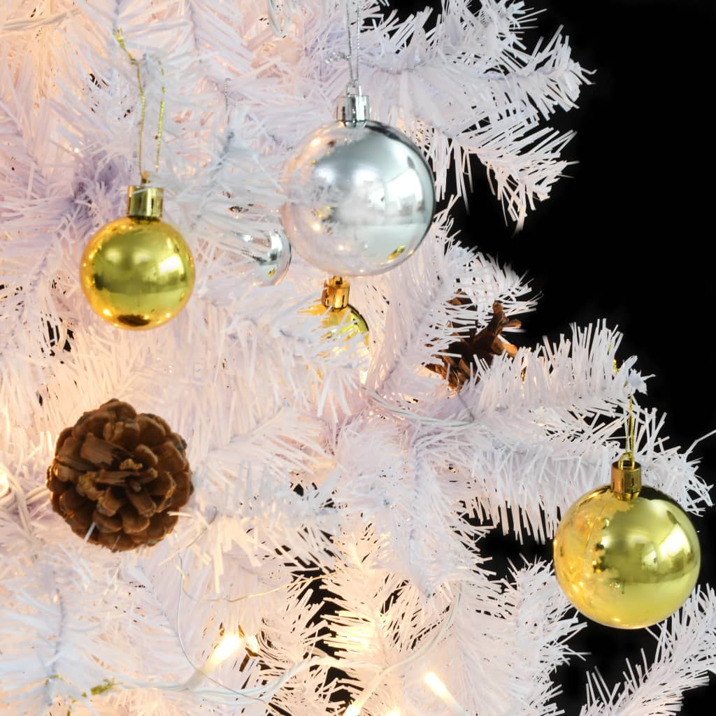 7ft white pre-lit artificial Christmas tree with gold and silver baubles and LED lights.