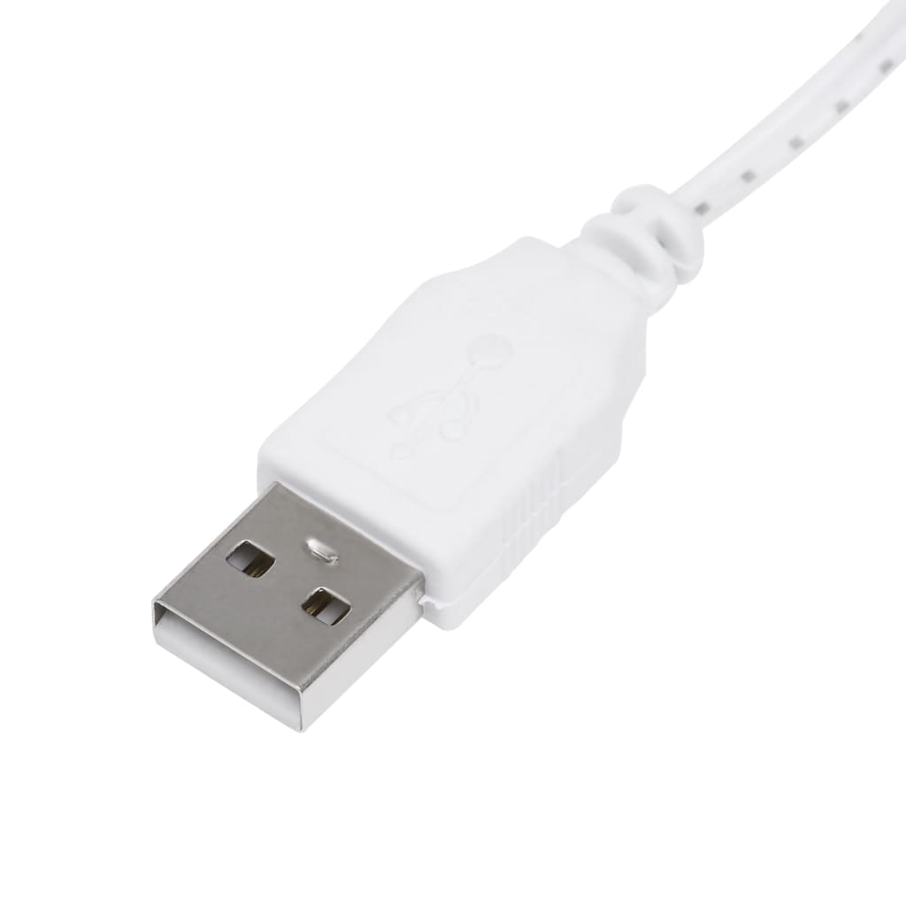 A close-up view of a white USB connector on a cable.