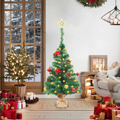 A 2ft pre-lit artificial Christmas tree in green with baubles, star topper, and warm LED lights.