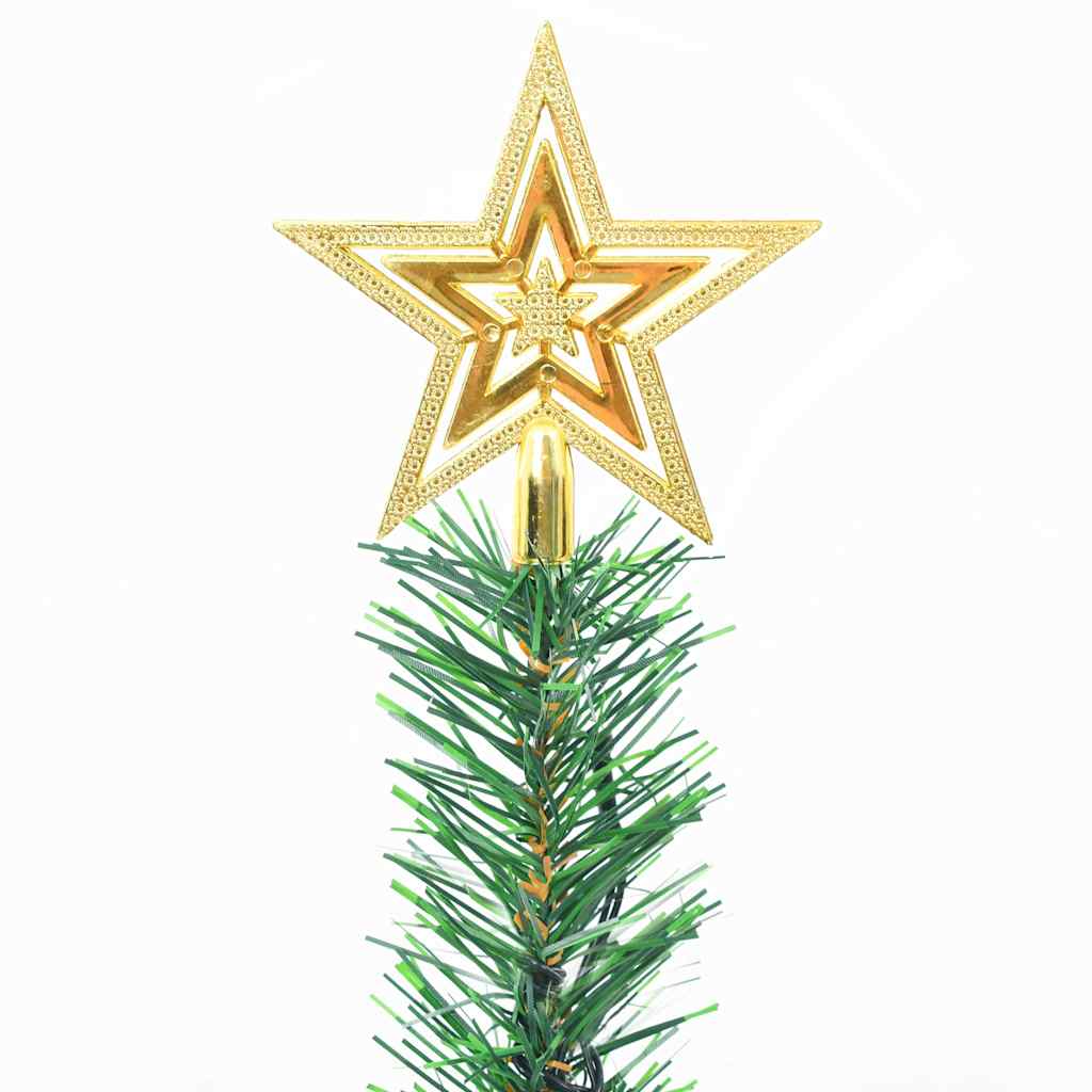 A 2ft pre-lit artificial Christmas tree with green branches, gold star topper, and decorative baubles.