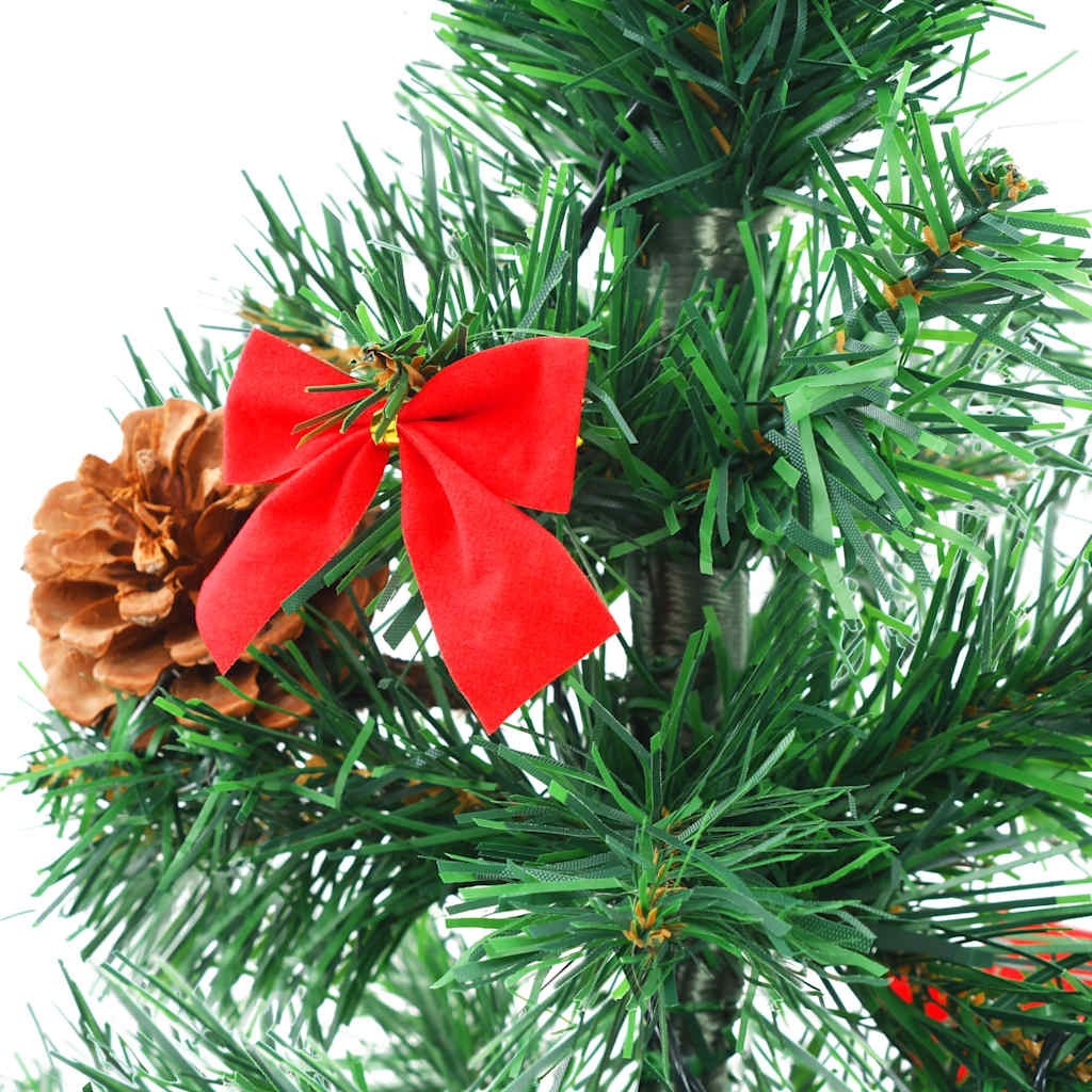 A 2ft pre-lit artificial Christmas tree in green with baubles, pine cones, and a red bow.