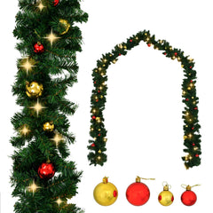 66-foot green PVC Christmas garland with red and gold baubles and 200 warm white LEDs.