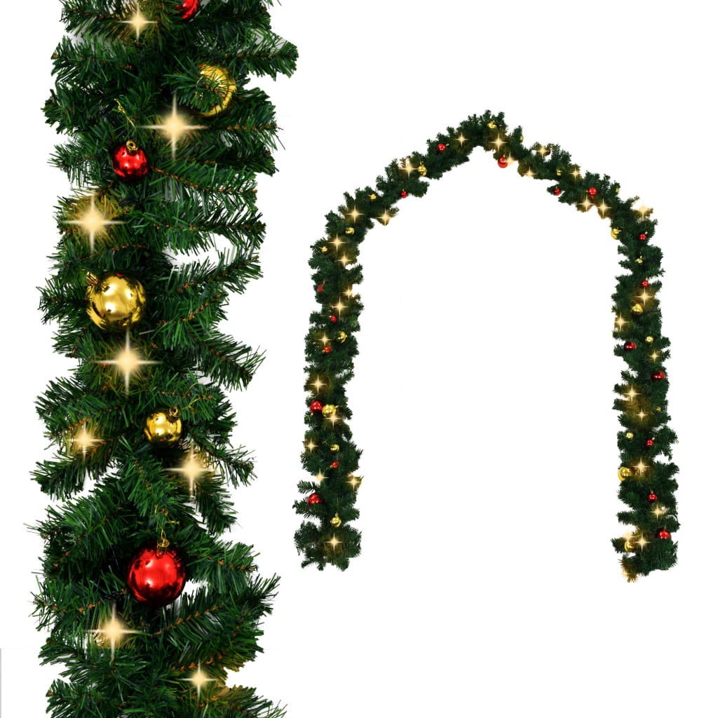 66-foot green PVC Christmas garland with red and gold baubles and 200 warm white LEDs.