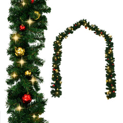 66-foot green PVC Christmas garland with red and gold baubles and 200 warm white LEDs.