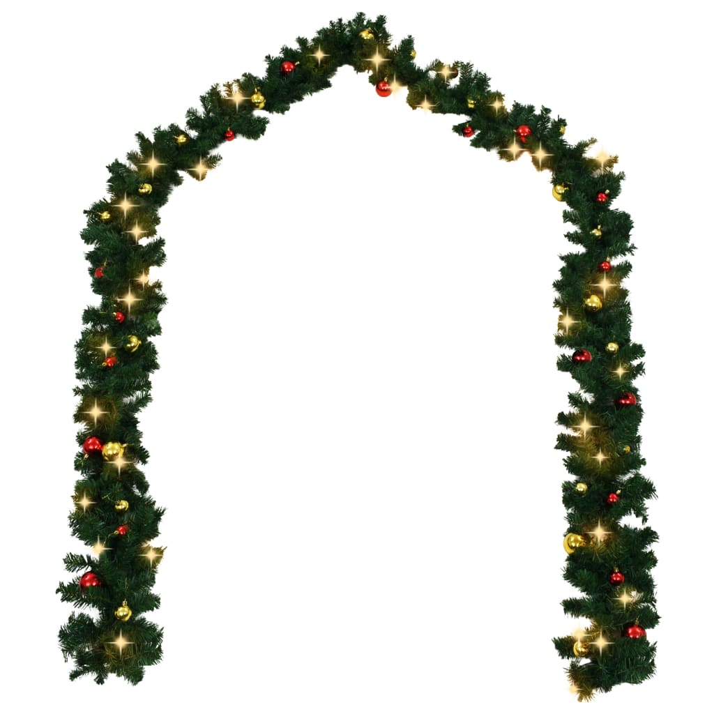 Green PVC Christmas garland with red and gold baubles and 200 warm LEDs, 66 feet long.