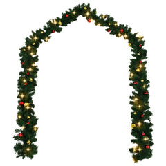 Green PVC Christmas garland with red and gold baubles and 200 warm LEDs, 66 feet long.