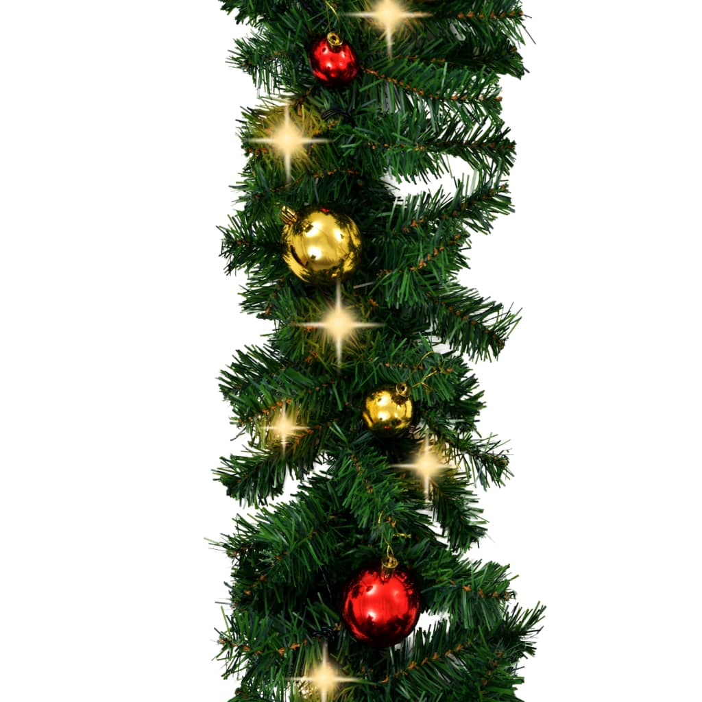 Green PVC Christmas garland with red and gold baubles and 200 warm white LEDs, 66 feet long.
