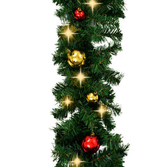 Green PVC Christmas garland with red and gold baubles and 200 warm white LEDs, 66 feet long.