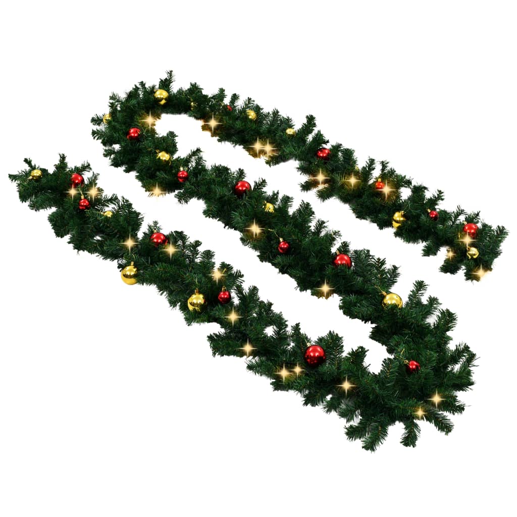 Green PVC Christmas garland with red and gold baubles and 200 warm LEDs, 66 feet long.