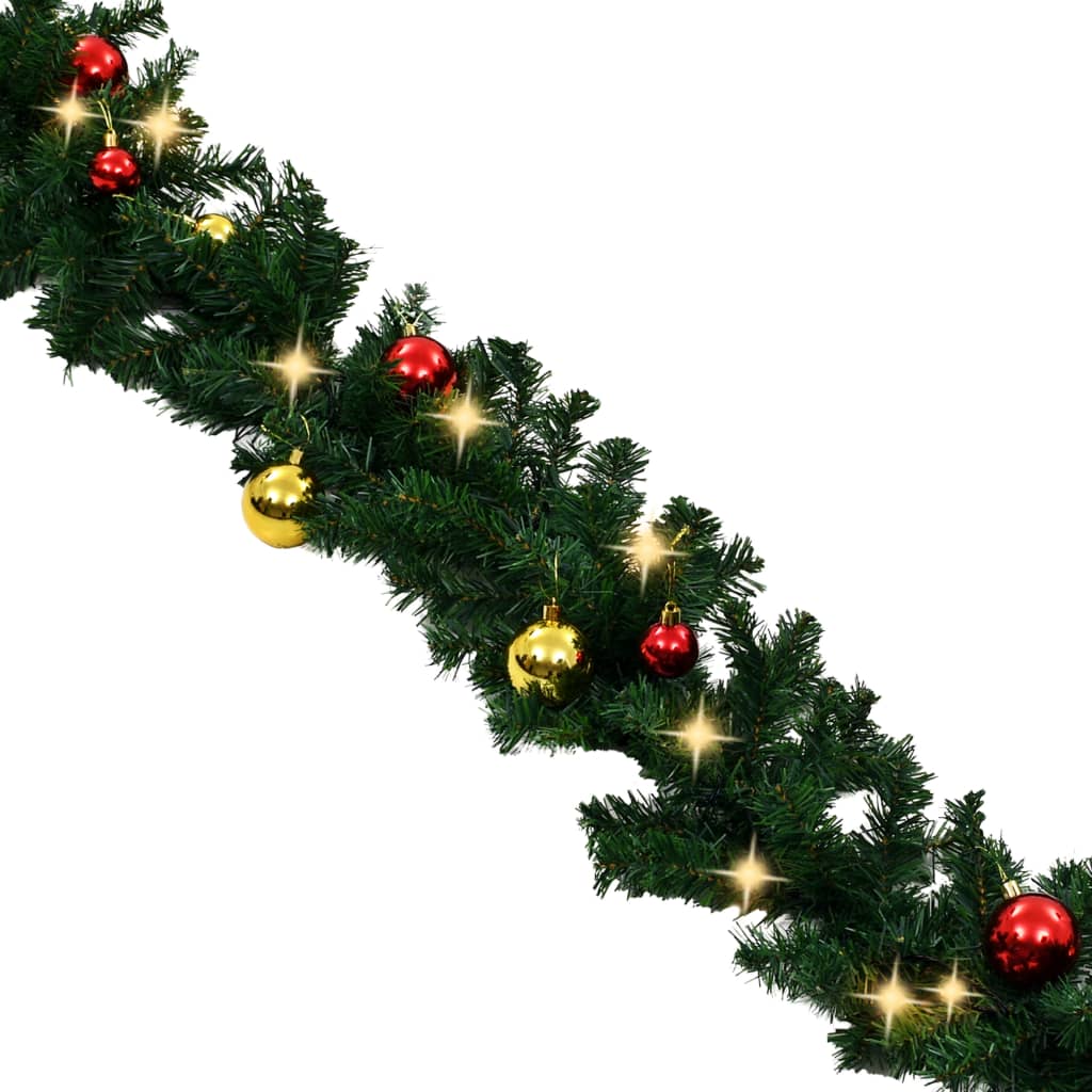 Green PVC Christmas garland with red and gold baubles and 200 warm white LEDs, 66 feet long.