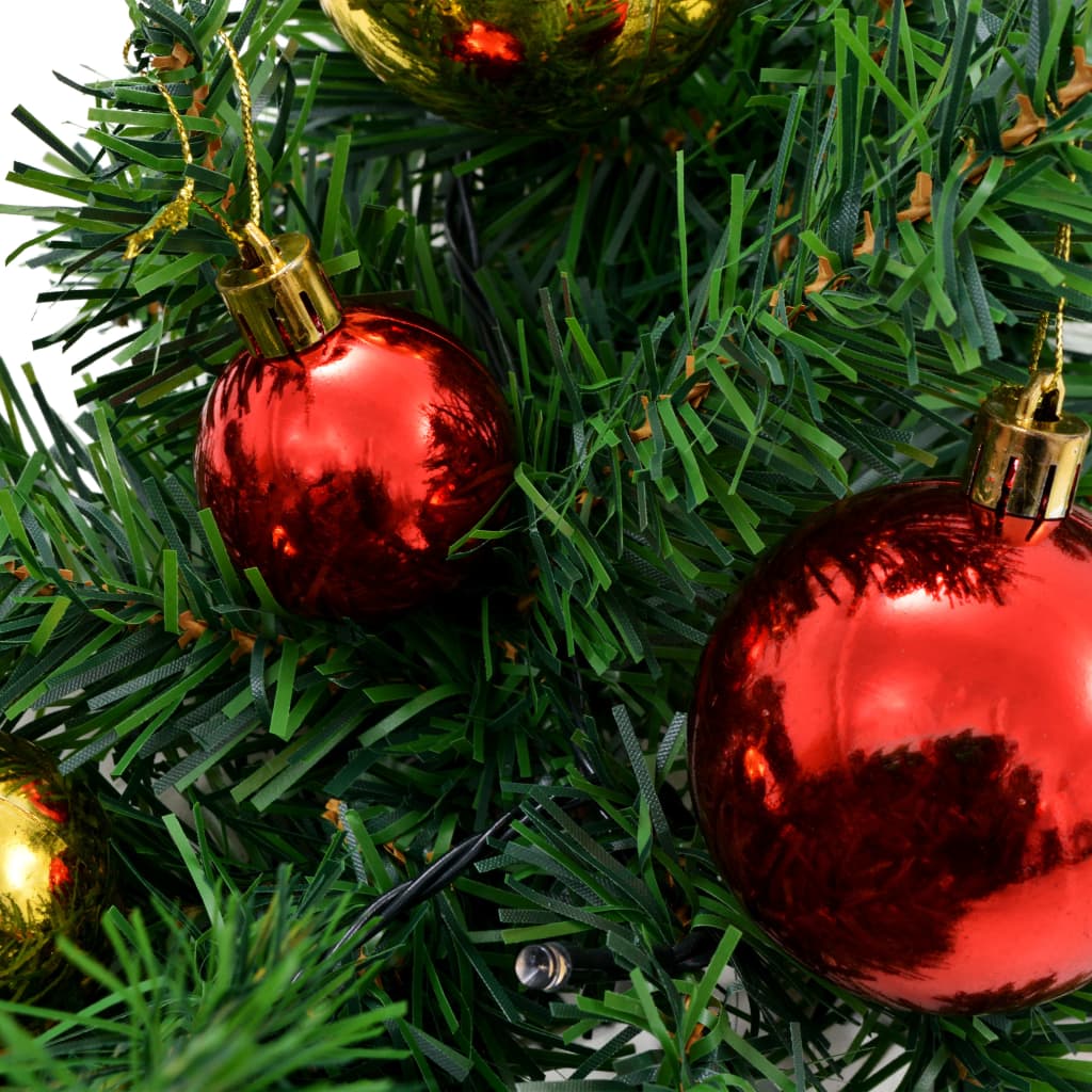 Green PVC Christmas garland with red and gold baubles and 200 warm white LEDs, 66 feet long.