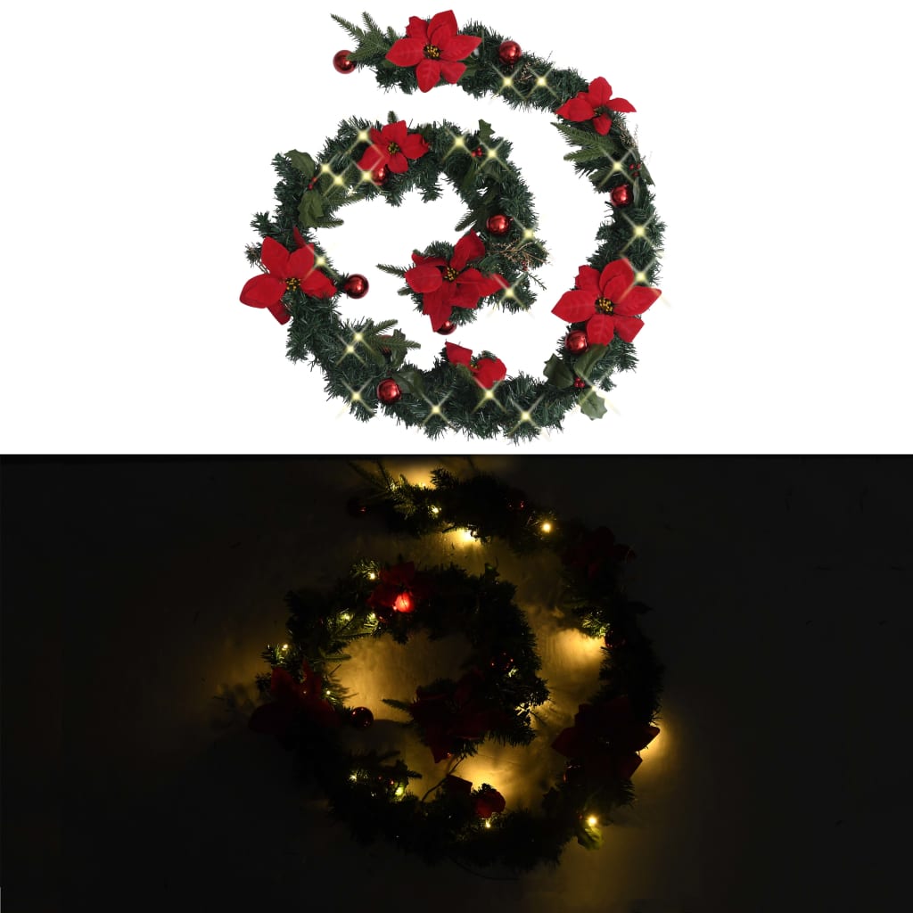 8.9ft green PVC Christmas garland with red poinsettias, berries, and 50 LED lights.
