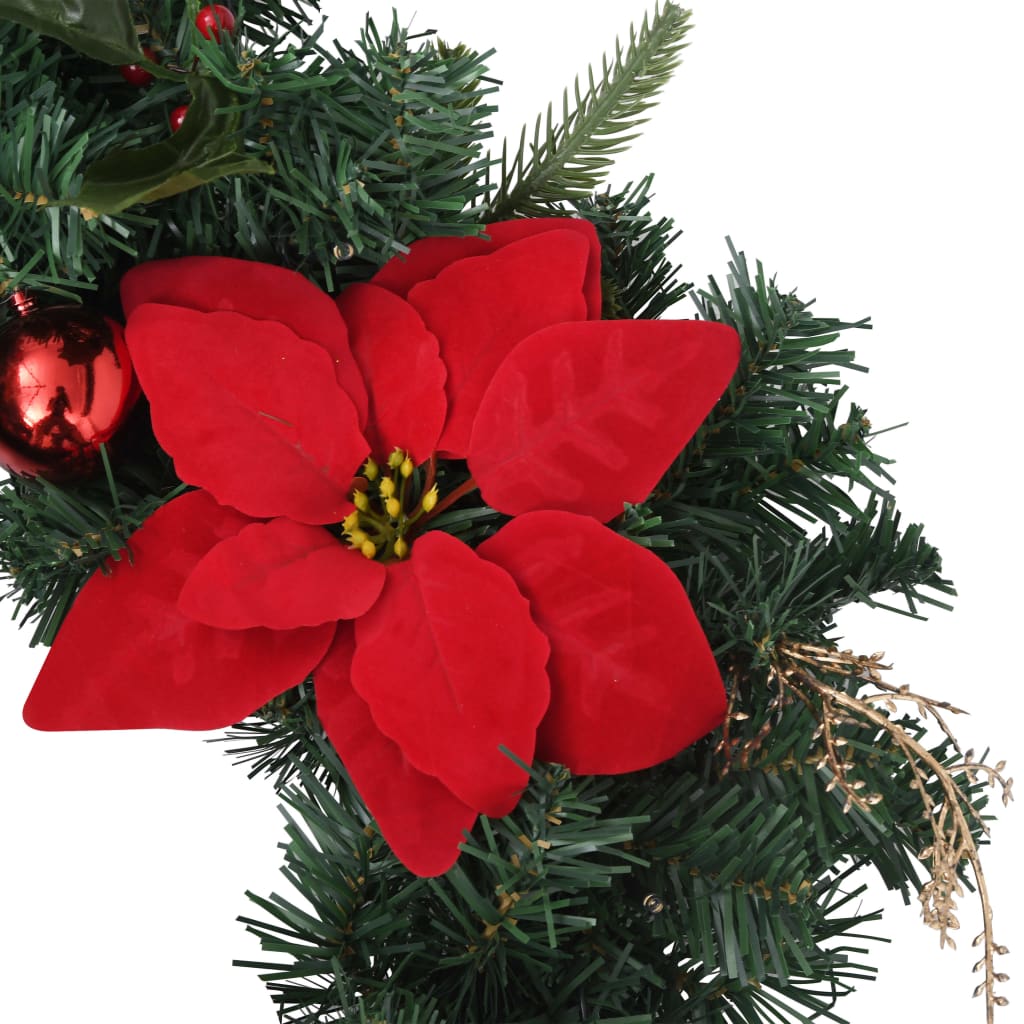 8.9ft green PVC Christmas garland with 50 LED lights, pine branches, red poinsettias, and berries.
