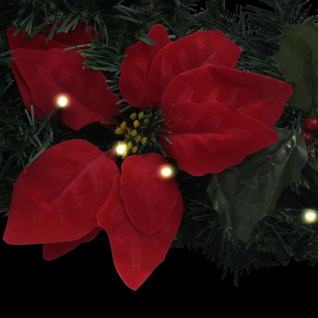 8.9ft green PVC Christmas garland with red poinsettias, holly, and 50 warm LED lights.
