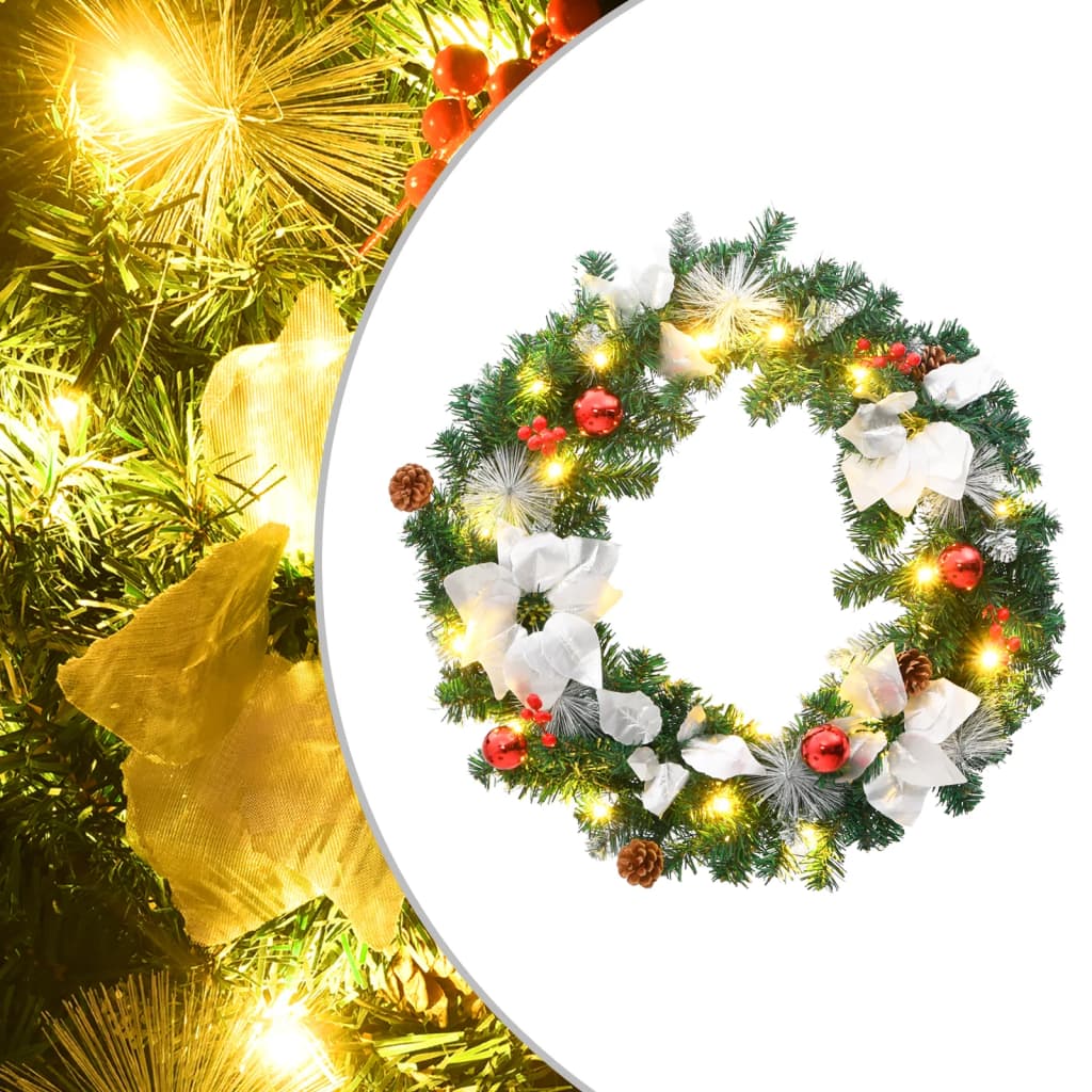 A 23.6-inch green PVC Christmas wreath with LED lights, red baubles, white frosted tips, and pine cones on a white background.