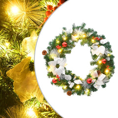 A 23.6-inch green PVC Christmas wreath with LED lights, red baubles, white frosted tips, and pine cones on a white background.