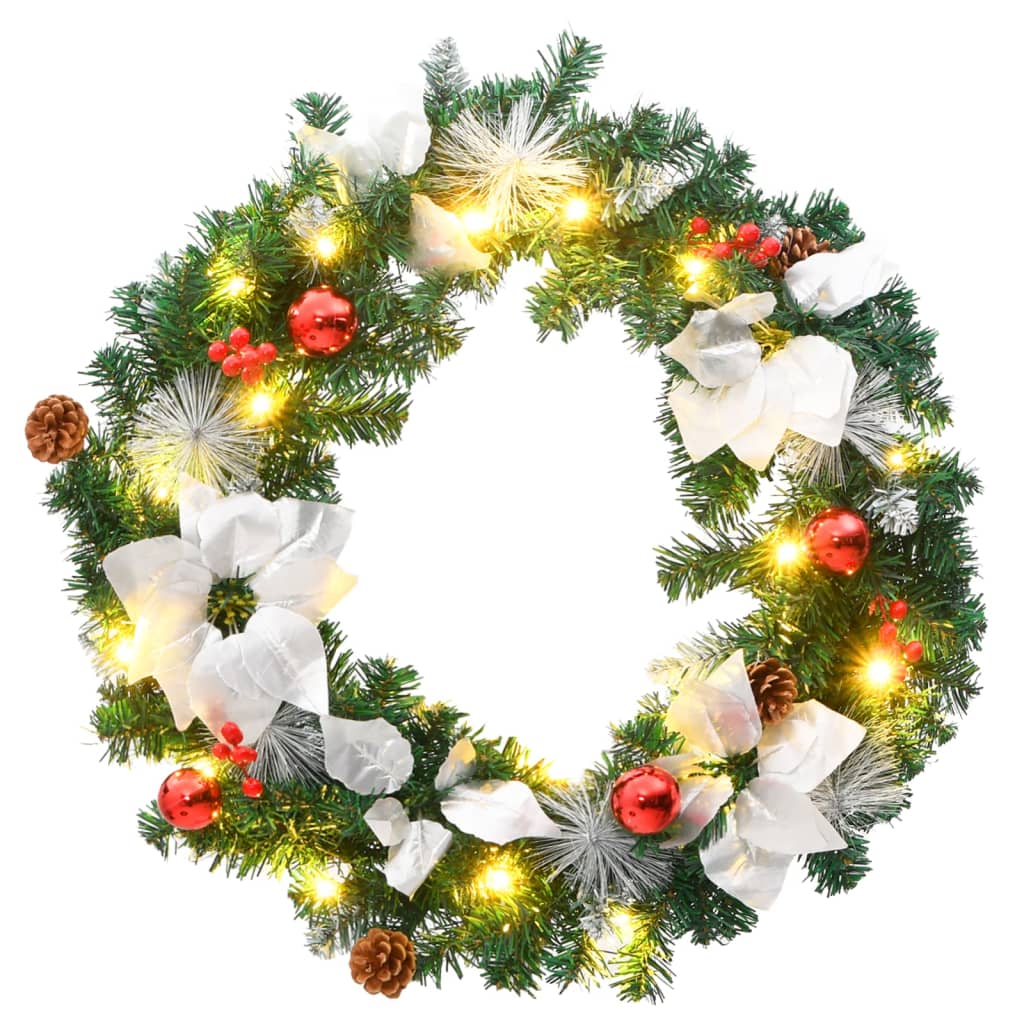 A 23.6-inch green PVC Christmas wreath with LED lights, red baubles, pinecones, and white flowers.