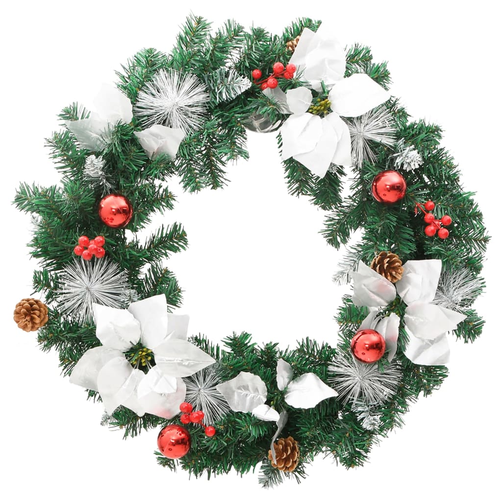 A 23.6-inch green PVC Christmas wreath with LED lights, white flowers, red berries, and pinecones.