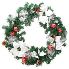 A 23.6-inch green PVC Christmas wreath with LED lights, white flowers, red berries, and pinecones.