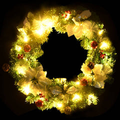 A 23.6-inch green PVC Christmas wreath with LED lights, red baubles, pinecones, and berries.