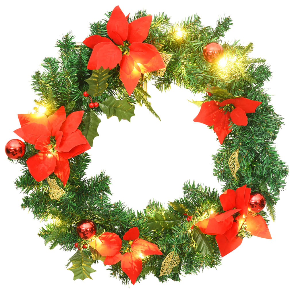 A 23.6-inch green PVC Christmas wreath with red poinsettias, holly, berries, and integrated LED lights.