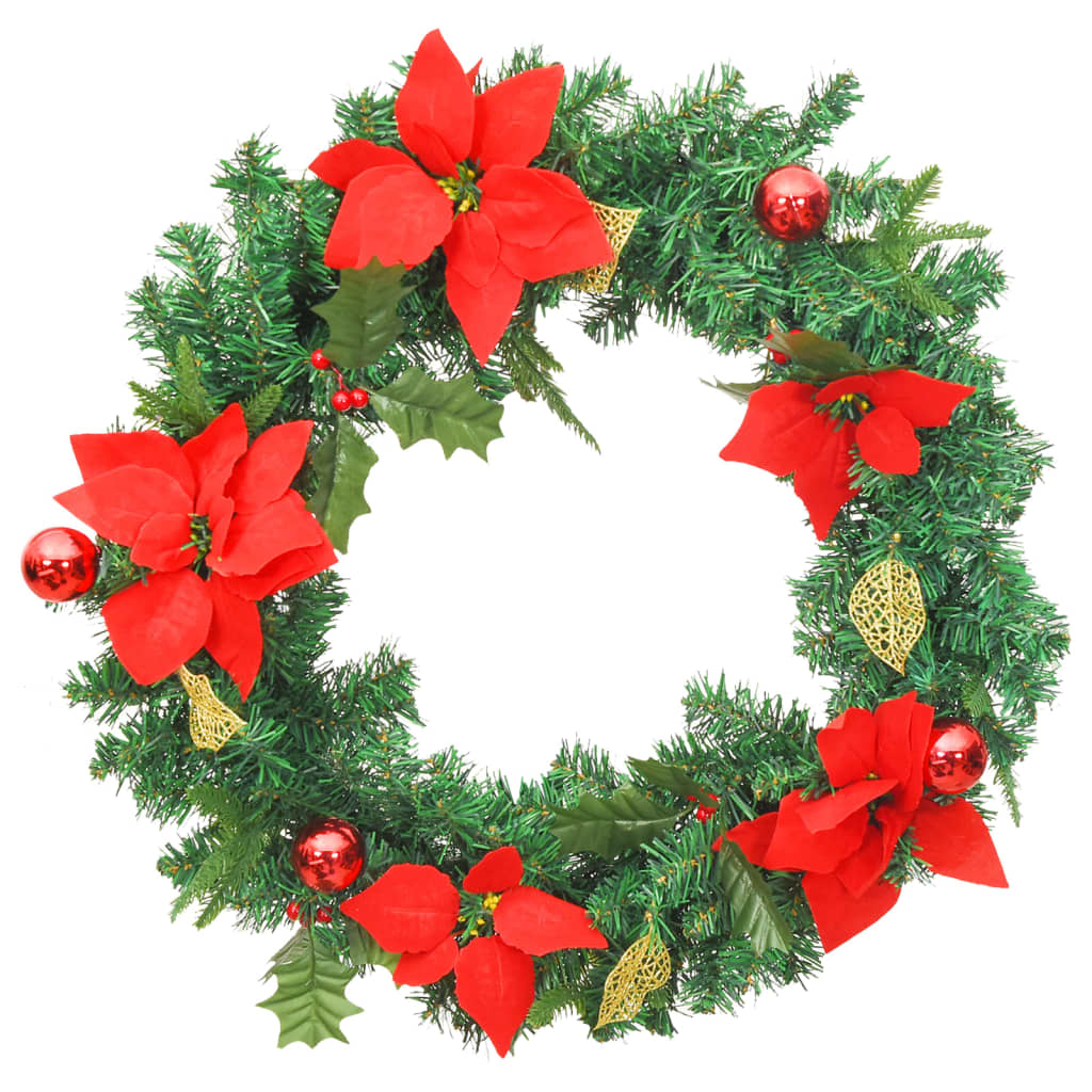A 23.6-inch green PVC Christmas wreath with red poinsettias, berries, gold leaves, red ornaments, and integrated LED lights.