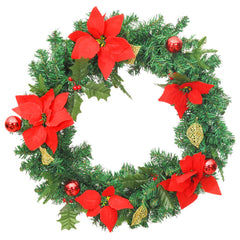 A 23.6-inch green PVC Christmas wreath with red poinsettias, berries, gold leaves, red ornaments, and integrated LED lights.