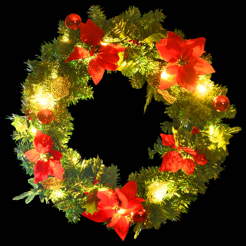 A 23.6-inch green PVC Christmas wreath with LED lights, red poinsettias, and ornaments.