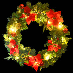 A 23.6-inch green PVC Christmas wreath with LED lights, red poinsettias, and ornaments.