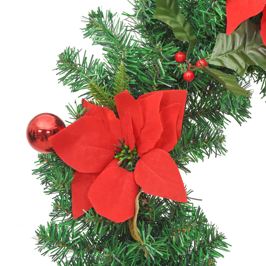 A 23.6-inch green PVC Christmas wreath with red poinsettias, holly berries, and integrated LED lights.