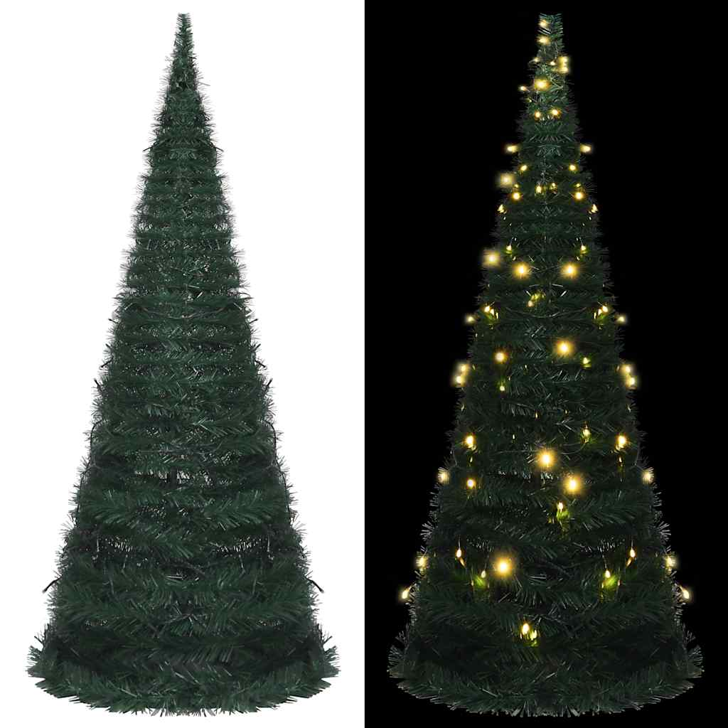 A 7ft green PVC pop-up pre-lit artificial Christmas tree, shown unlit and lit with warm LED lights.