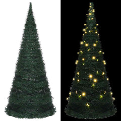 A 7ft green PVC pop-up pre-lit artificial Christmas tree, shown unlit and lit with warm LED lights.
