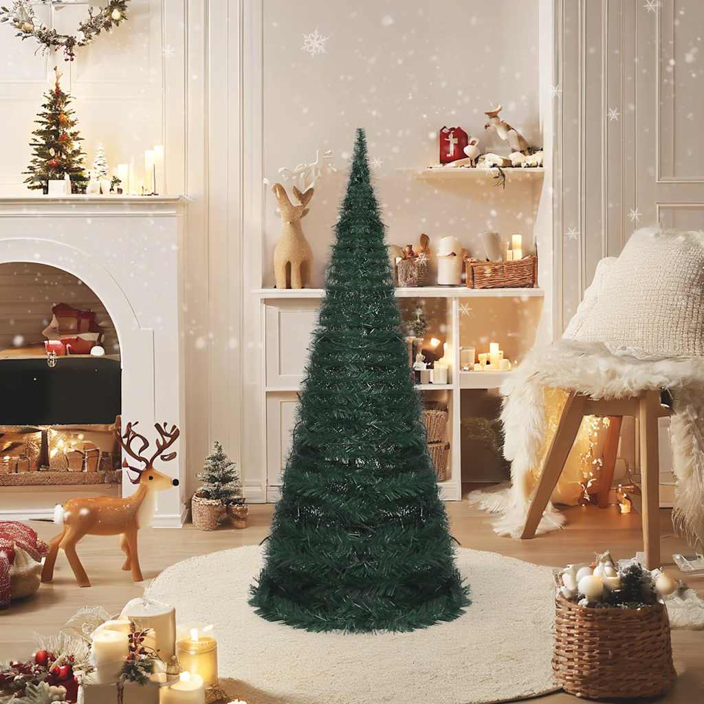 A 7ft green PVC pop-up pre-lit artificial Christmas tree displayed in a festive living room.